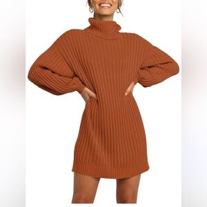 Rust Ribbed Turtleneck Sweater Dress